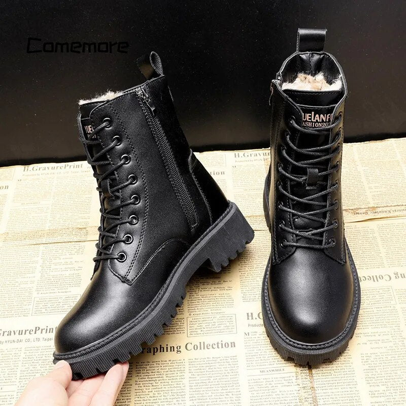 Comemore Black Leather Boot Ankle Booties Plush Warm Platform Shoe Fashion British Style Botas Winter Furry Boots Women Shoes 40