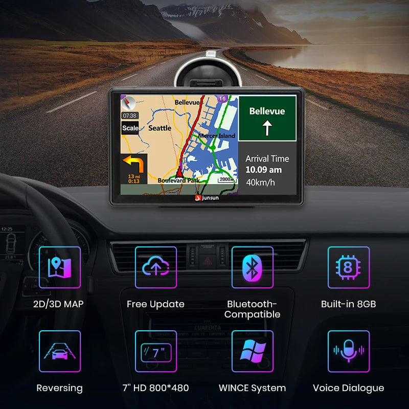 Junsun 7 Inch Car GPS Navigation Touch Screen 256M+8G FM Voice Prompts Europe Map Free Update Truck GPS Navigators 2023