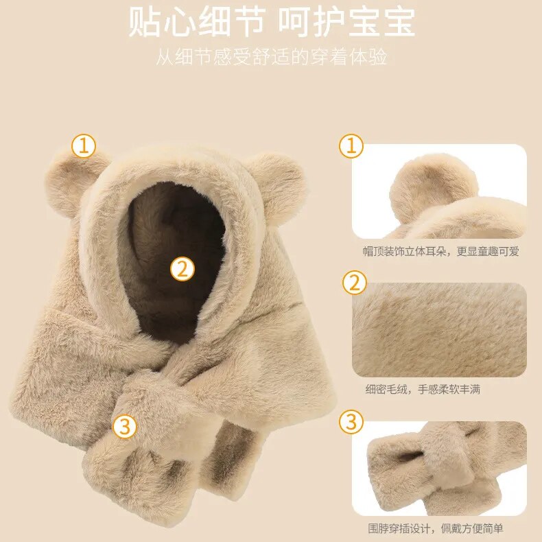 6-24 Months Baby Hat One Piece Little Baby Bear Hat Scarf Winter Thick Ear Hat for Boys and Girls Infant Toddler Accessories