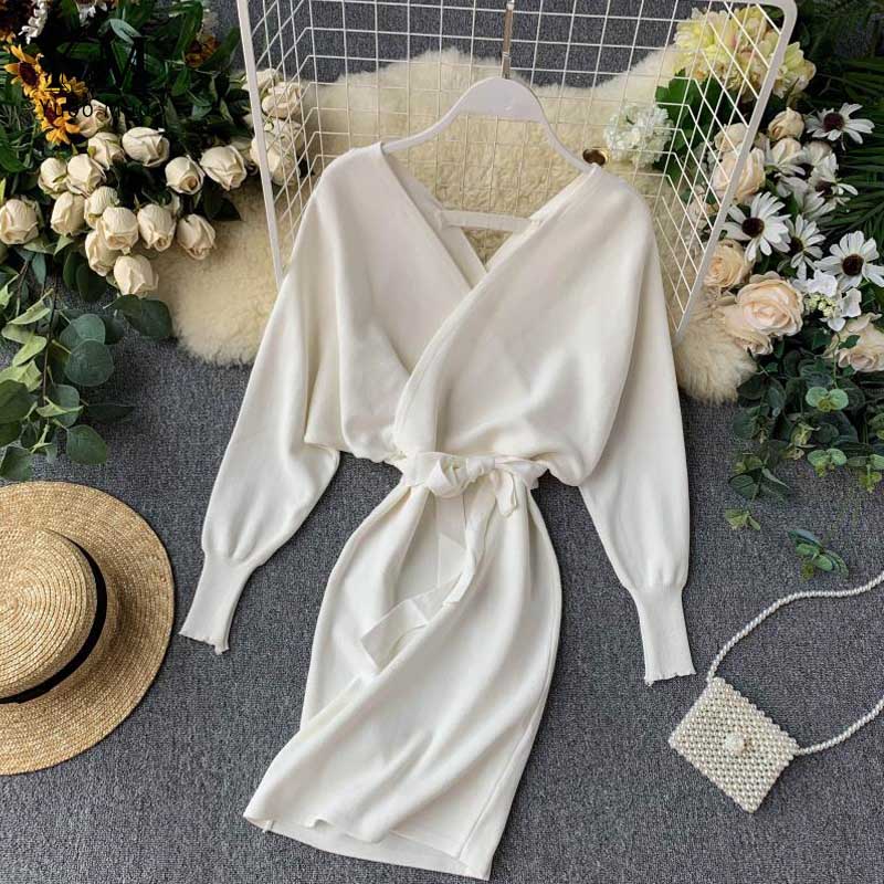 YuooMuoo Autumn Winter Women Knitted Sweater Dress 2022 New Korean Long Batwing Sleeve V Neck Elegant Dress Ladies Bandage Dress