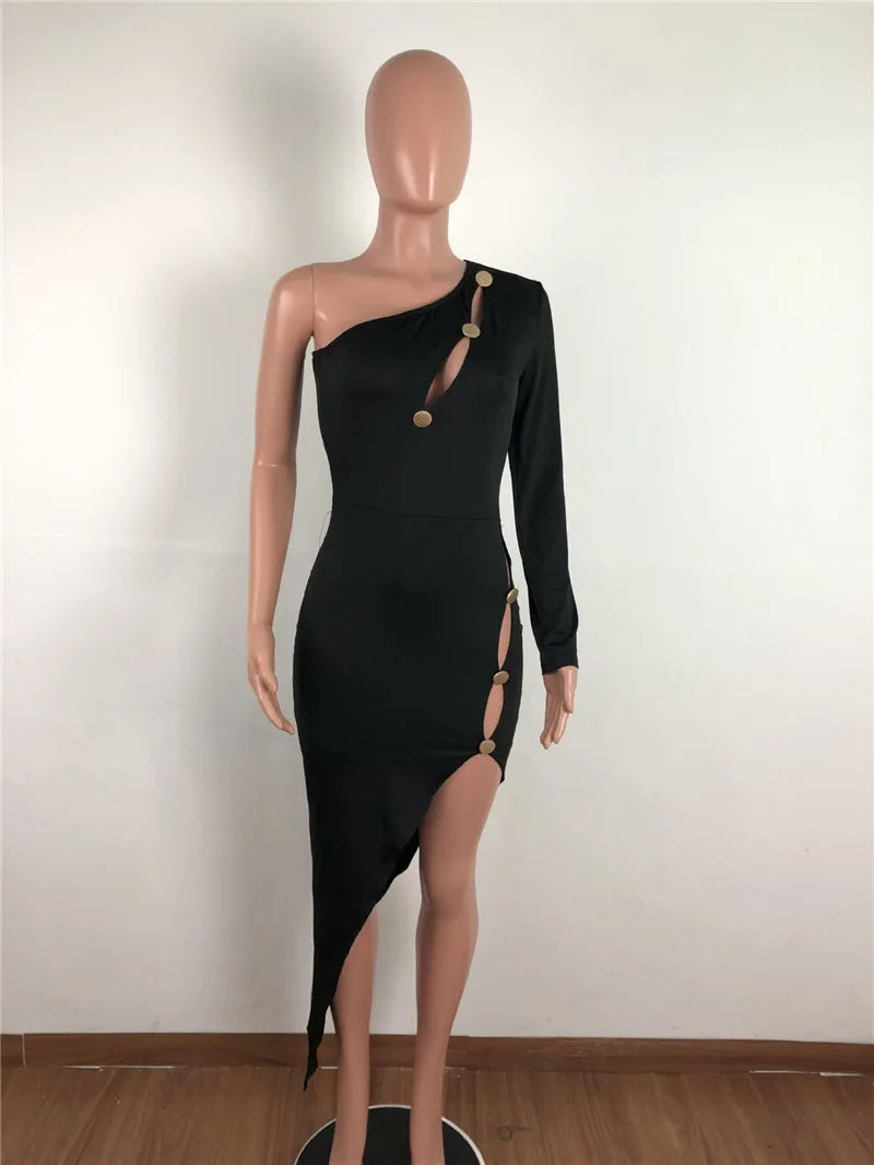 Women Sexy Party Bandage Bodycon Dress Long Sleeve One Shoulder Hollow Out Button Sheath Irregular Midi Evening Club Dress 2022