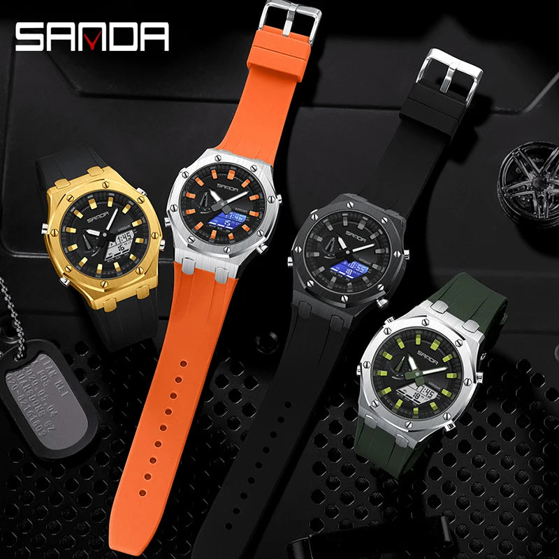 SANDA 3309 New Men's Watch Electric Multi-Function Fashion Trend Outdoor Luminous Alarm Clock Waterproof Shockproof Male Watches