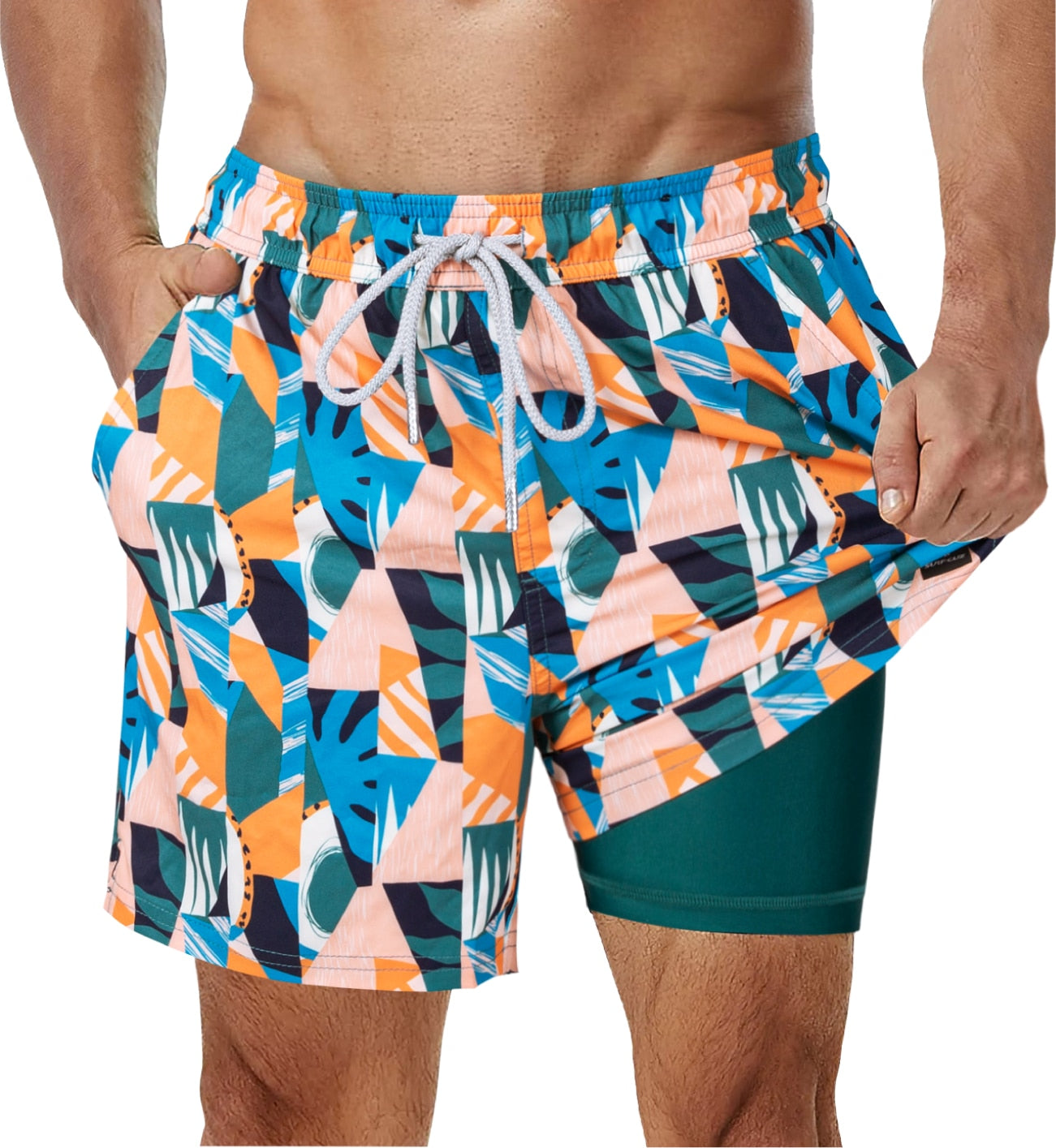 SURFCUZ Mens Swimming Trunks with Compression Liner Stretch Mens Swimwear 2 in 1 Quick Dry Running Gym Swim Shorts for Men