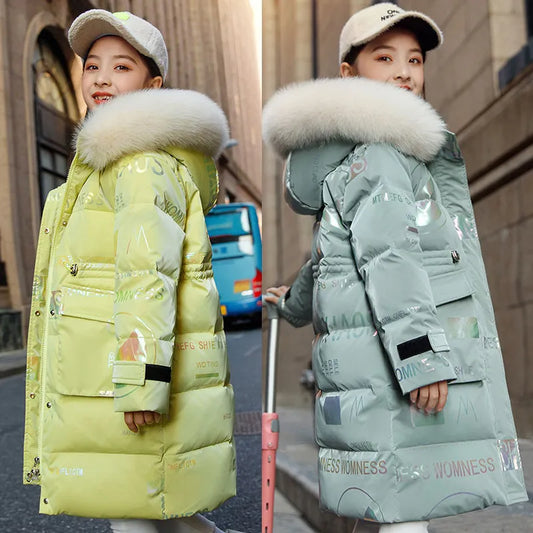 6-14 Years Girls Down Jacket Winter Keep Warm Long Style Parka Hooded Zipper Fur Collar Girls Outerwear Christmas Kids Clothes