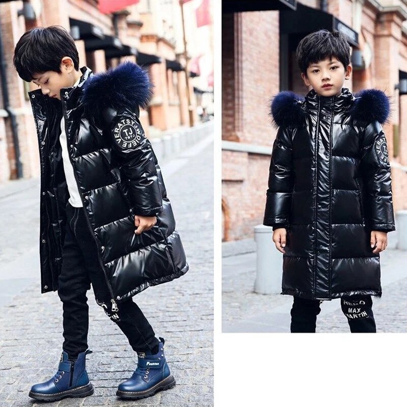 Fashion Shiny Boys Outerwear Winter -30℃ Coats Teenager Windproof Warm Down Jackets Children Clothing Long Parkas Kids Overcoat