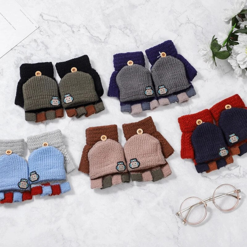 5-12 Years Winter Kids Warm Gloves Children Knitted Stretch Mittens Boy Girl Patchwork Elastic Fingerless Children Winter Gloves