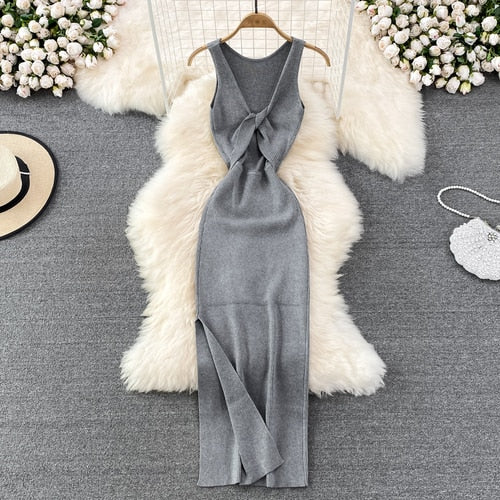 Sleeveless Hollow Split Wrap Dress Midi Sexy Fashion Elastic Tight Party Elegant Vestidos Chic Beach Vacation Summer Women Dress