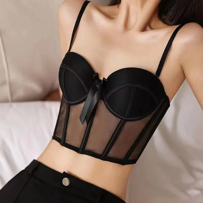 Lace Bra Sexy Mesh Underwear Women Hollow Out Shape Half Cup Soft Bralette Anti-sag Push Up Bow Thicken Women Underwear Set