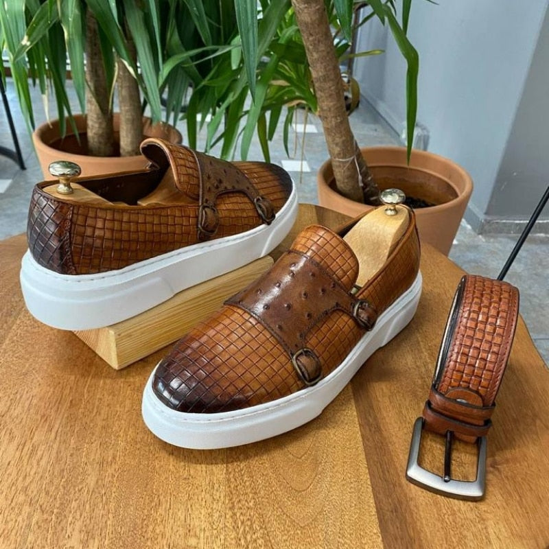 New Brown Men&#39;s Vulcanize Shoes Double Buckle Monk Shoes Black  Slip-On Lazy Shoes Handmade  Free Shipping Men Casual Shoes