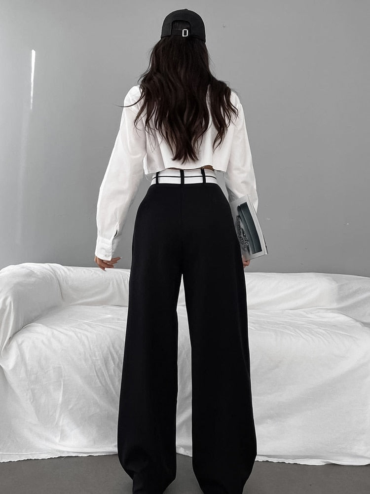 Mnealways18 Patchwork Wide Leg Pants Women Black Contrast Casual High Waist Pants Spring Summer 2023 Baggy Trouser Office Ladies