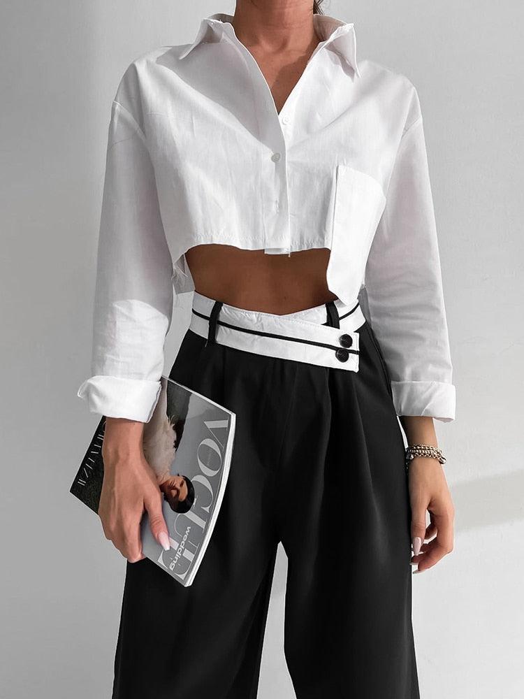 Mnealways18 Patchwork Wide Leg Pants Women Black Contrast Casual High Waist Pants Spring Summer 2023 Baggy Trouser Office Ladies