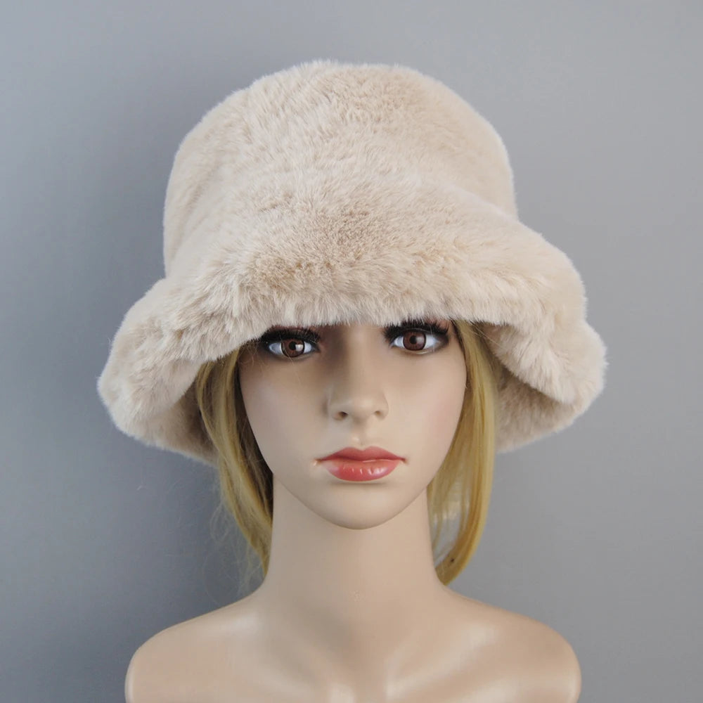 2024 New Style Fake Rabbit Fur Hats Super Soft Women Winter Hat Cotton Lining Warm Russian Fashion Ski Beanies Plush Solid Color