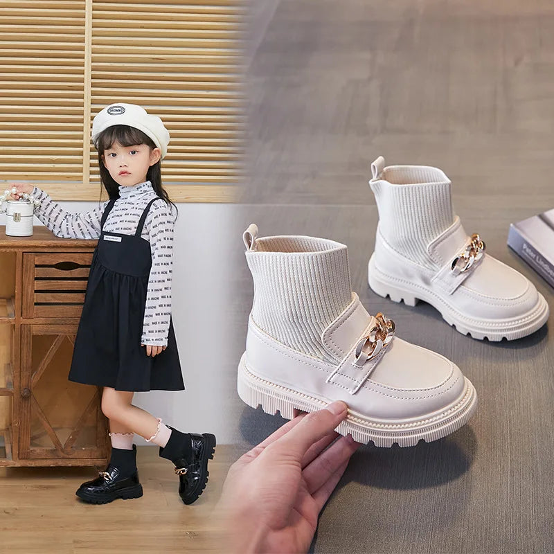 Girls Leather Boots Metal Chains Flying Woven Stitching Princess Boots Kids Leather Soft Sole Boots Children Socks Boots Fashion