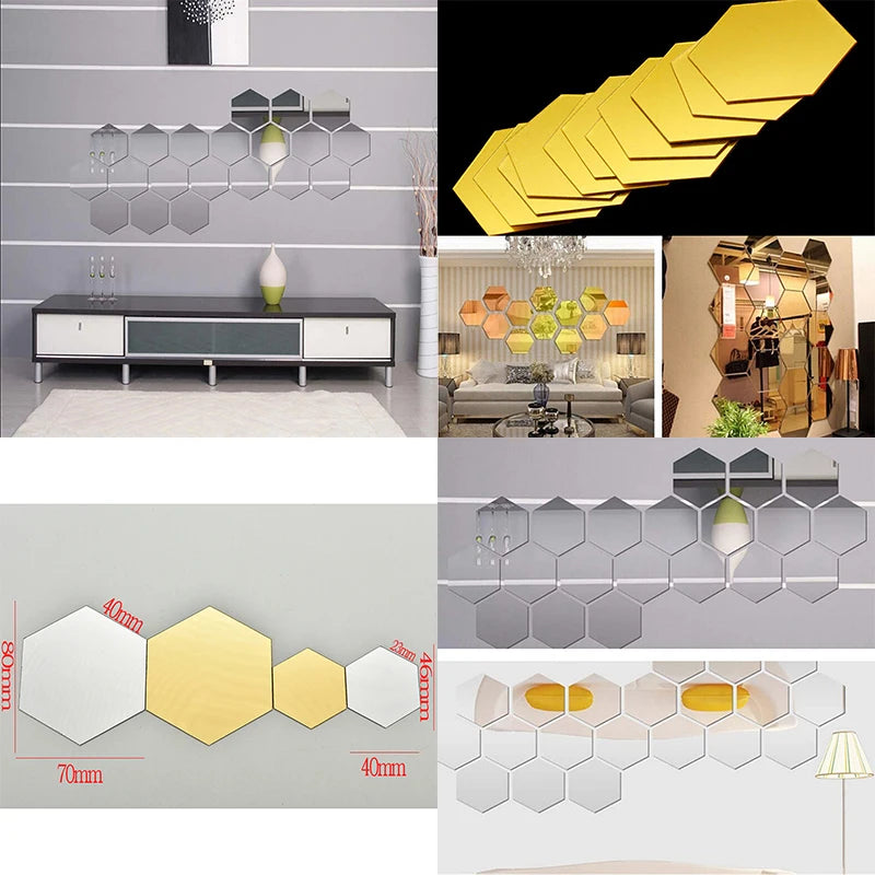 12Pcs 3D Regular Hexagon Honeycomb Decorative Acrylic Mirror Wall Stickers Living Room Bedroom Poster Home Decor Room Decoration