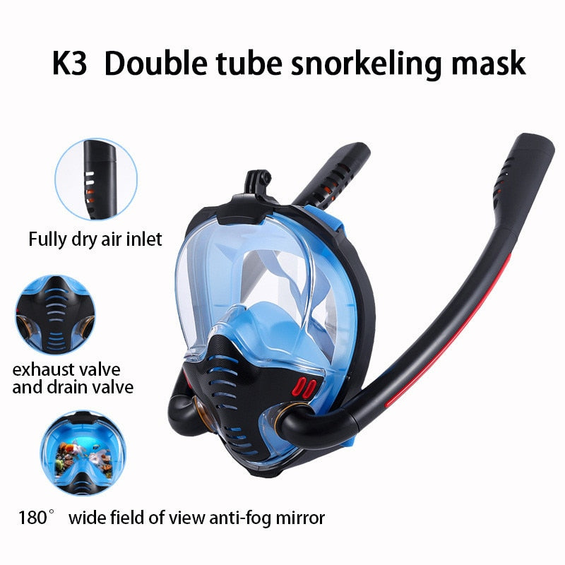 Snorkeling Mask Double Tube Silicone Full Dry Diving Mask Adult Swimming Mask Diving Goggles Self Contained Underwater Breathing