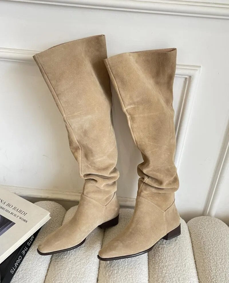 Knee- High Boots Lady Slip On Simple Pleated Cow Suede Winter Botas Wide Calf Spring Autumn Woman Boots Bohemia Slouchy Boots