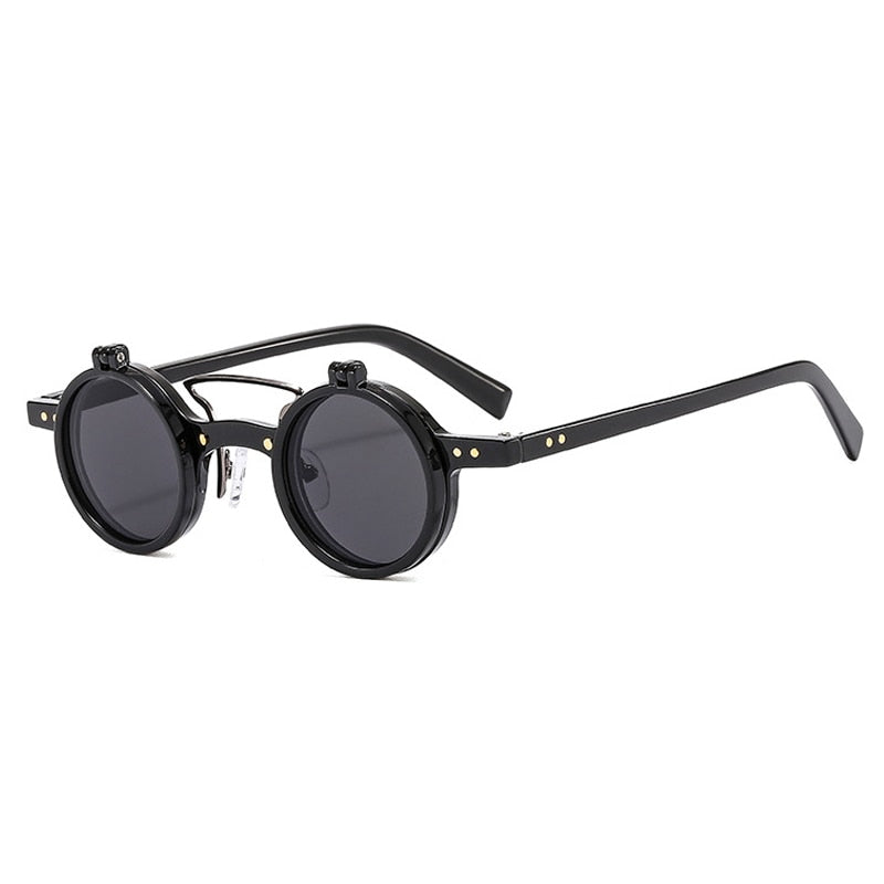 SO&amp;EI Ins Popular Fashion Small Round Punk Double Bridges Women Sunglasses Retro Flip Lens Shades UV400 Men Rivets Sun Glasses