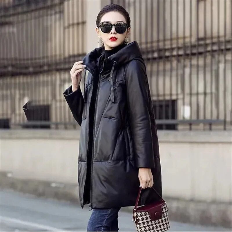 Thicken Snow Parkas Winter Women's Warm Hooded PU Leather Jacket Black Loose Long Coat Windproof Female Cotton Leather Overcoat