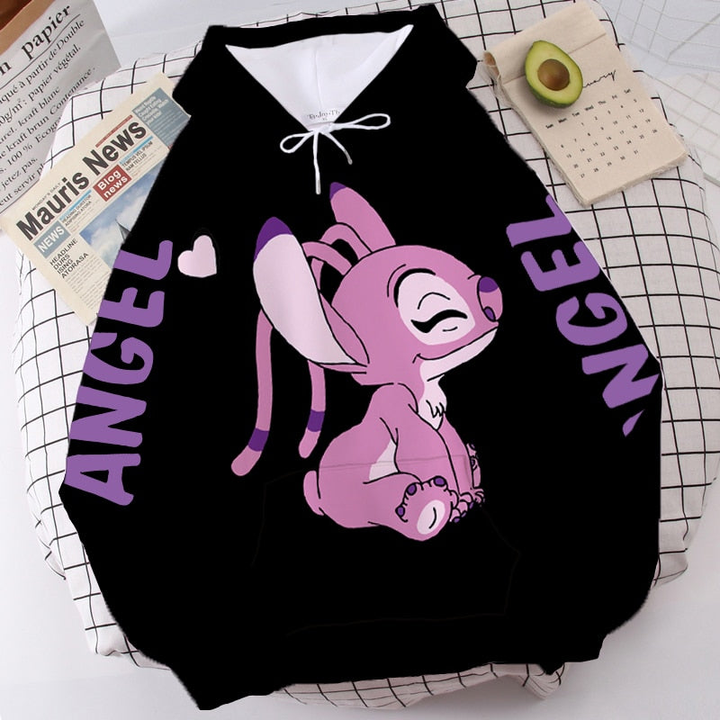 Disney Hoodie Fashion Stitch Angel Monster Letter Cartoon Sweatshirt Pullover Cute Harajuku Unisex Women&#39;s Pocket Top