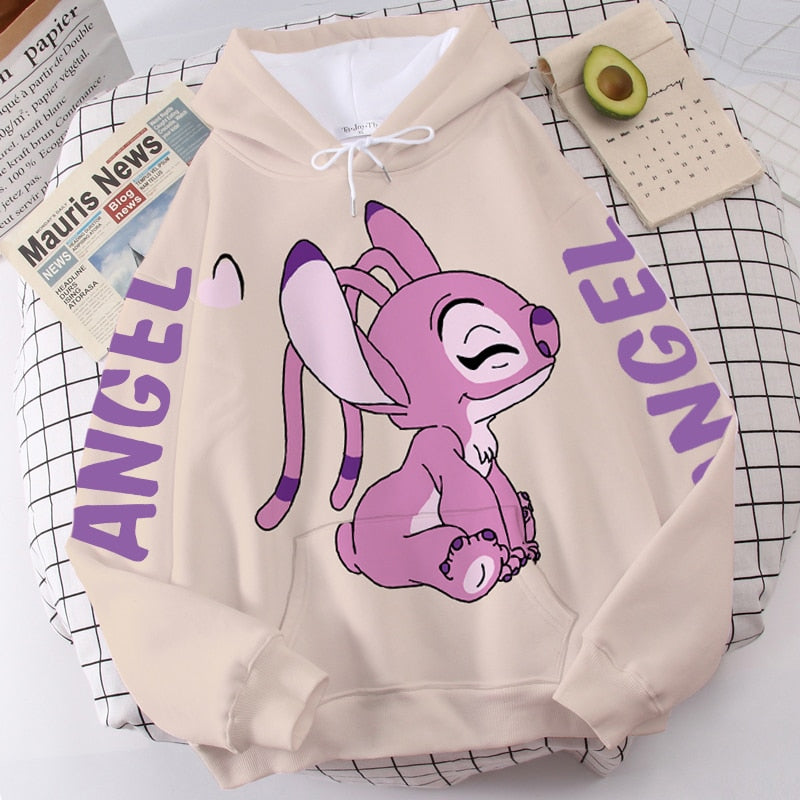 Disney Hoodie Fashion Stitch Angel Monster Letter Cartoon Sweatshirt Pullover Cute Harajuku Unisex Women&#39;s Pocket Top