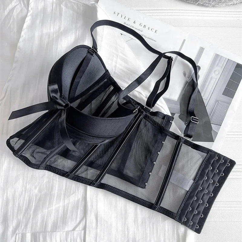 Lace Bra Sexy Mesh Underwear Women Hollow Out Shape Half Cup Soft Bralette Anti-sag Push Up Bow Thicken Women Underwear Set