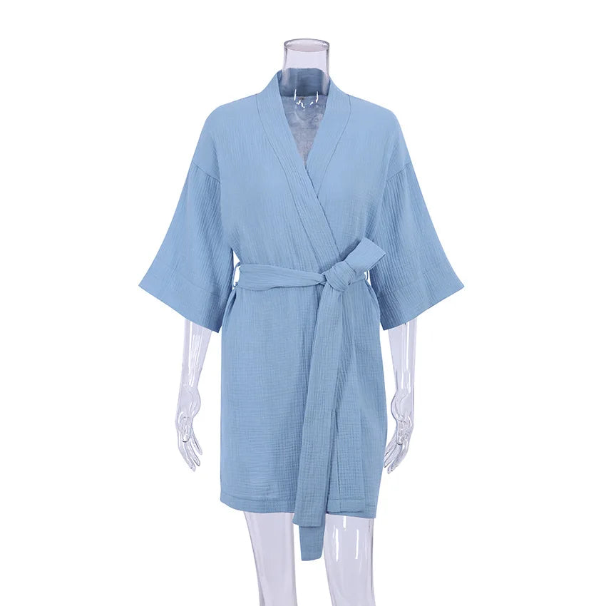 Crape Cotton Robe Women&#39;s Nightwear Mini Bathrobes Lace Up Sleepwear Muslin Women&#39;S Home Clothes Solid Color Robes Women Nightie