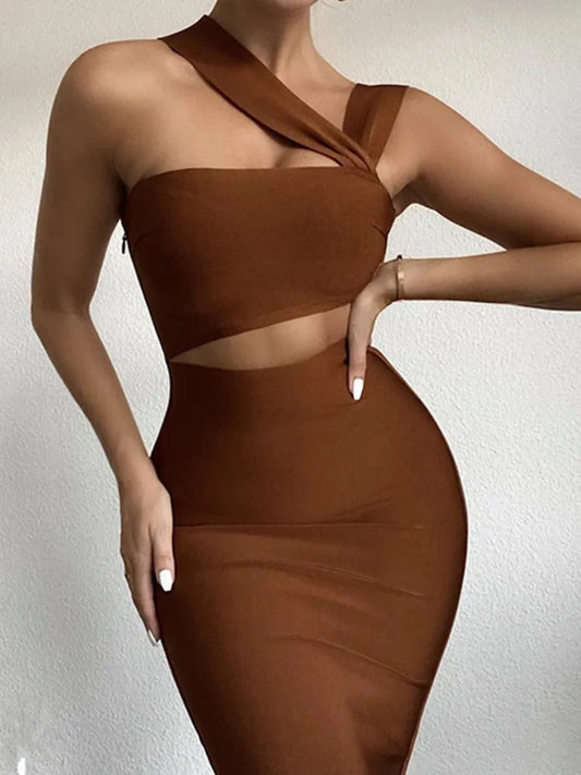 Women Summer Sexy Hollow Out Brown Midi Knee Length Bodycon Bandage Dress 2023 Designer Elegant Evening Party Dress Vestido