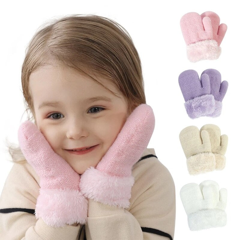 1Pair Winter Gloves Anti-grab Mittens Thicken Warm Fleece Glove Cute Boys Girls Hand Warmer For Newborn Baby 1-3Years