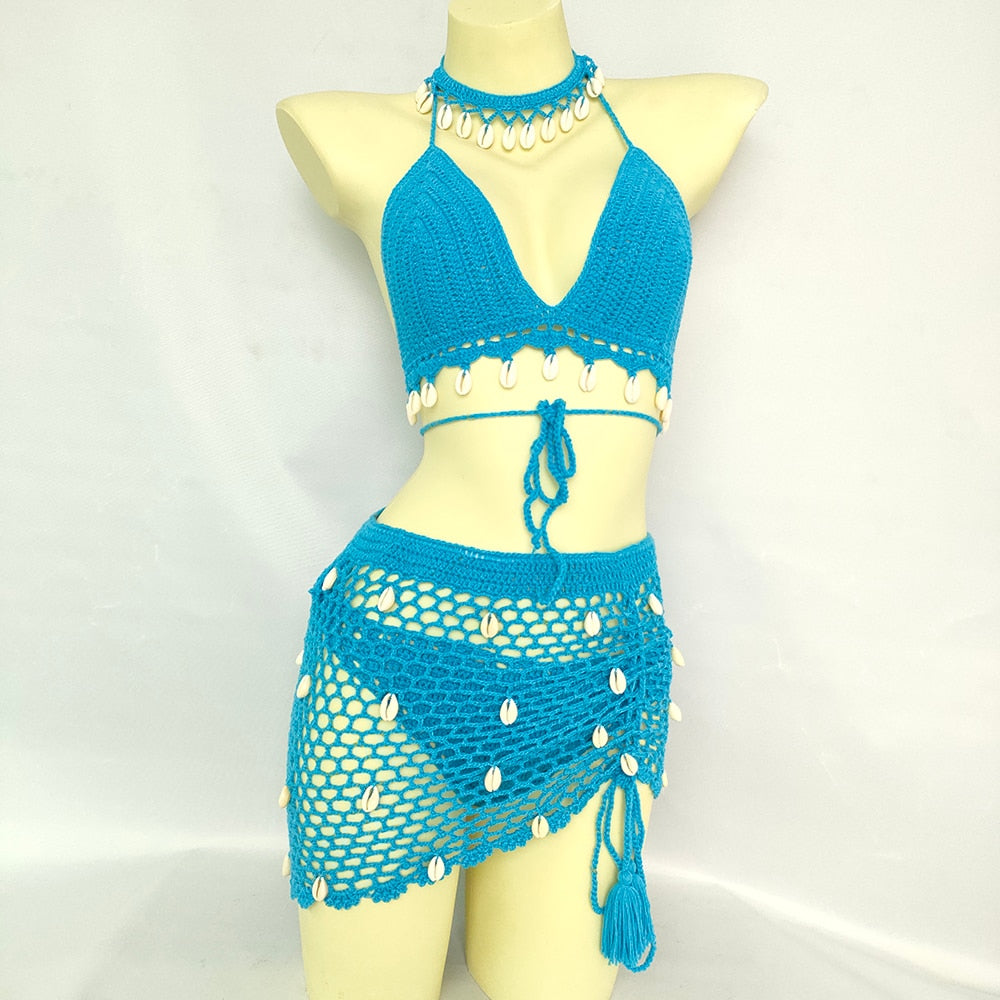 Woman Bikini Set Crochet Shell Tassel Top Sexy Thong Bottom See-Through Hollow Out Bandage High Waist Short Beach Skirt