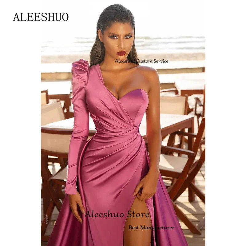 Aleeshuo Exquisite Hot Pink Mermaid Evening Dresses Satin One Shoulder Prom Dress Women Long Sleeves Cocktail Party Gown 2023