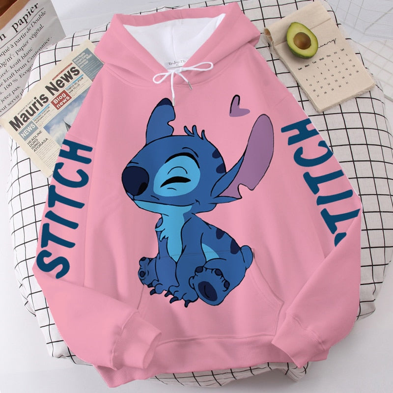 Disney Hoodie Fashion Stitch Angel Monster Letter Cartoon Sweatshirt Pullover Cute Harajuku Unisex Women&#39;s Pocket Top