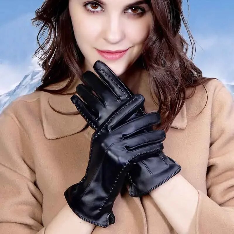 Women's Sheepskin Gloves Winter Warmth Plus Velvet Short Thin Screen Driving Female Color Leather Gloves New High-end 2022