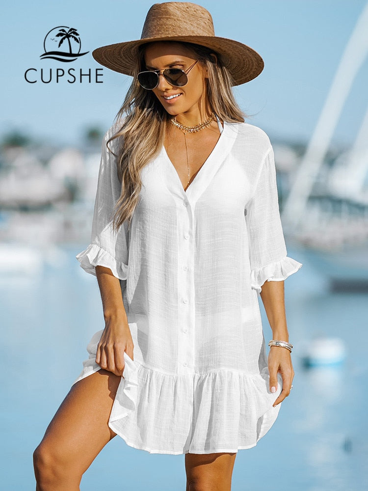 CUPSHE White Ruffled Long Sleeve Bikini Cover Up For Women Shirt Beach Dress Tunic Shirtdress 2023 Summer Mini Dress Beachwear