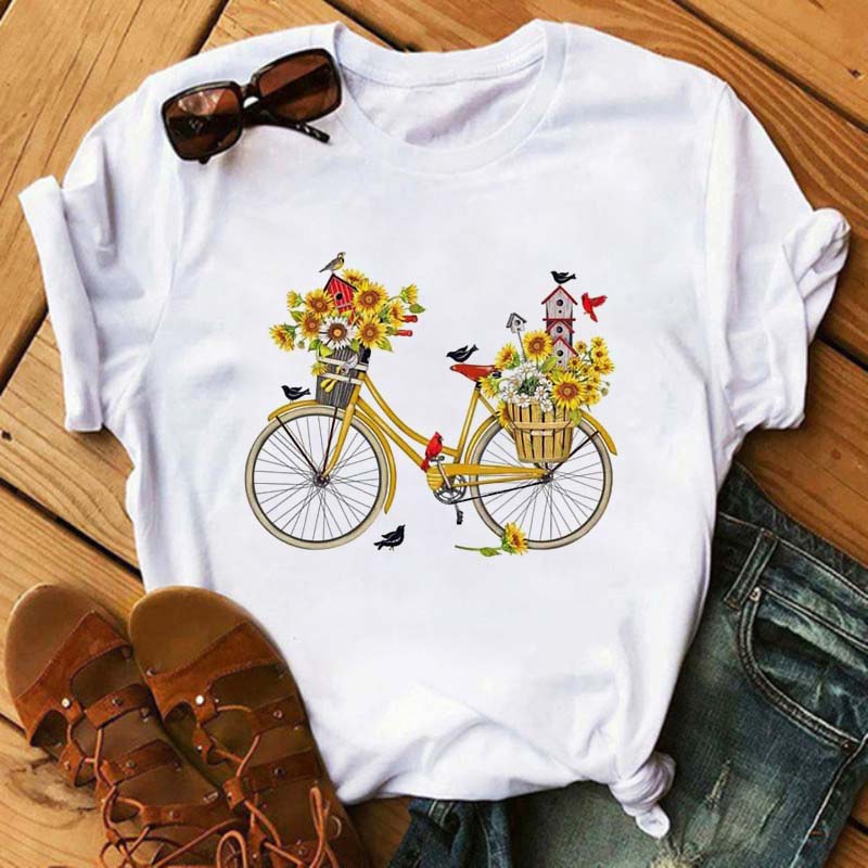 Maycaur New Funny Bicycle with Sunflower Women Tshirt Summer Harajuku Short Sleeve White T Shirts Cartoon Casual Woman Tops Tees