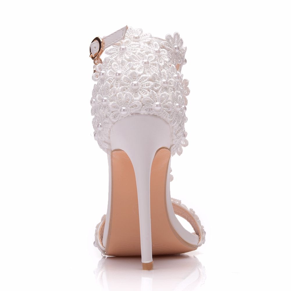 Crystal Queen Women Ankle Strap Sandals White Lace Flowers Pearl Tassel  Super Stiletto High Heels Slender Bridal Wedding Shoes