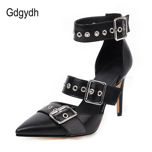 Gdgydh Black Punk Gothic High Heels Sexy Plus Size Pointed Toe Fashion Buckle Rivet Women Pumps Wedding Shoes Stiletto Heels New