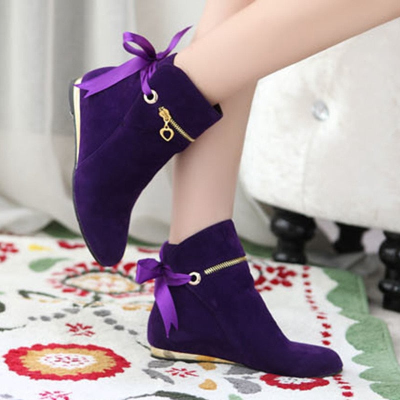 Sweet Bow Ankle Boots Women Faux Suede Boots Short Boots Fashion round toe solid ankle boots Woman Plus Size 35-43