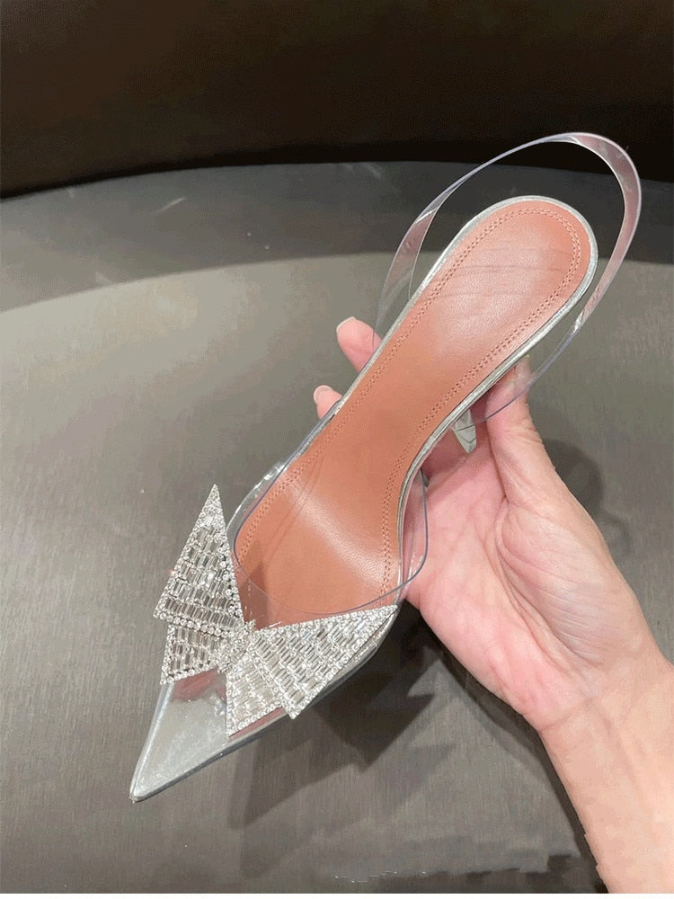 2021 New Pointed Transparent Sandals Women&#39;s Bun Water Drill Bow Wine Glass Heels