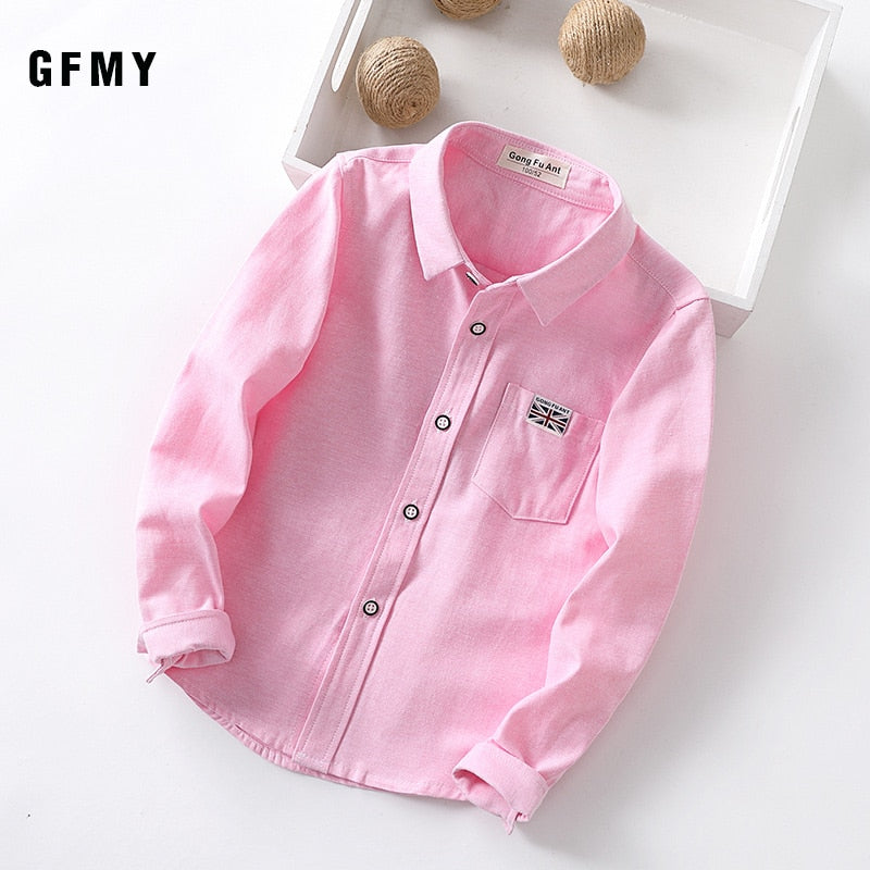 GFMY 2020 New Spring Oxford Textile Cotton Solid color Pink Black Boys white Shirt 3T-14T British style Childrens Tops