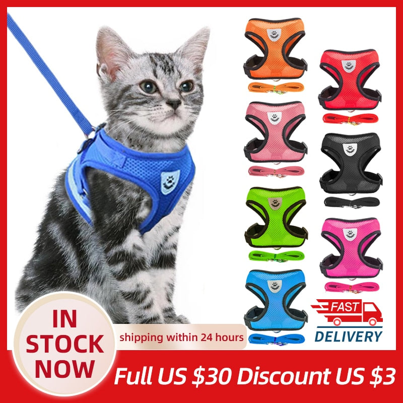 Cat Dog Harness Adjustable Vest Walking Lead Leash For Puppy Dogs Collar Polyester Mesh Harness For Small Medium Dog Cat Pet