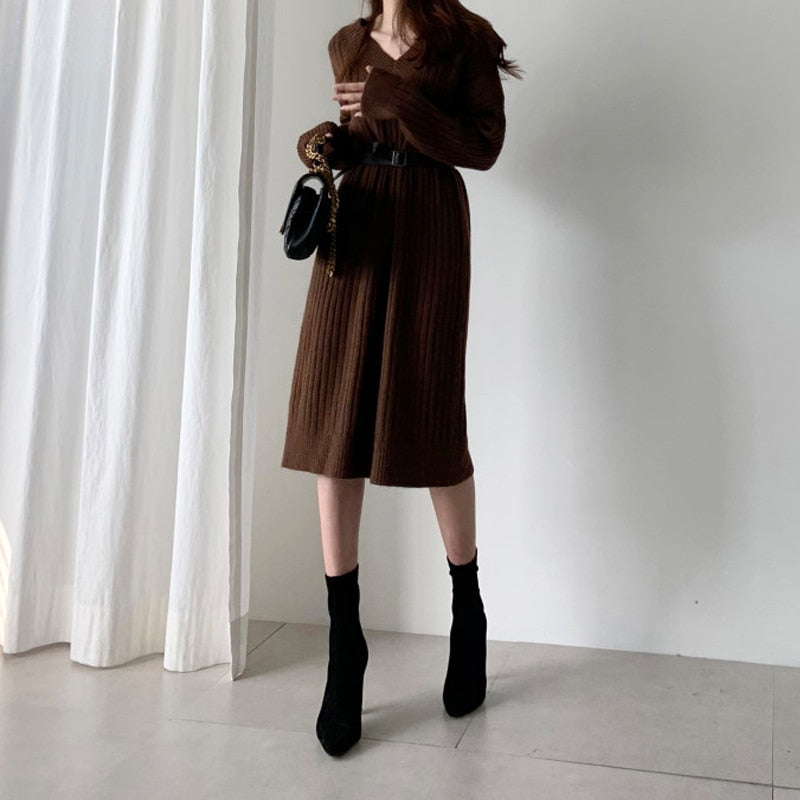 2020 New Autumn Sweater Women Dress Winter Long Sleeve Sweaters Knitted Dresses Womens Loose Maxi Oversize Knitting Robe Vestido