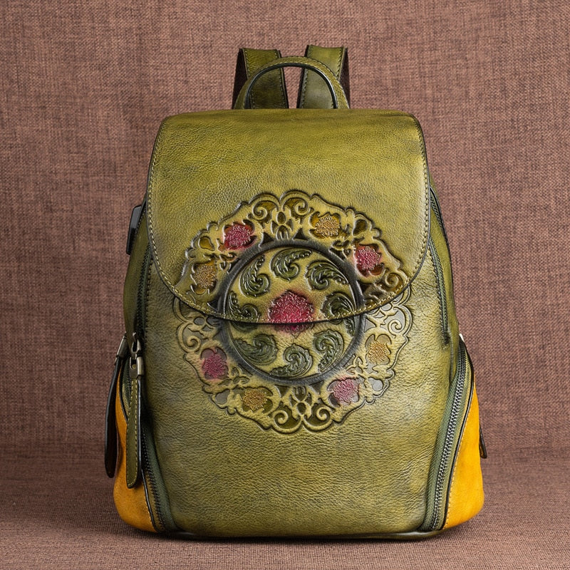 Retro Genuine Leather Backpack Women Bag 2022 Winter Handmade Embossing Floral Large Capacity Bagpack Female Vintage Backpacks