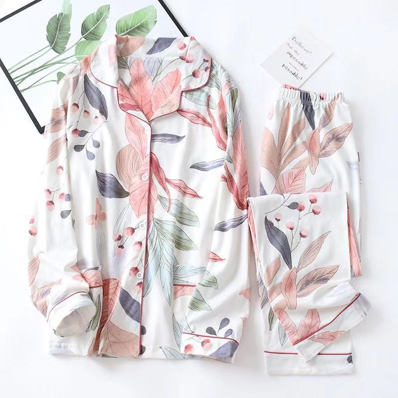 2022 Spring Leaves Printed Women&#39;s Pajama Cotton Plus Size Two-piece Set Brief Fashion Long Sleeve Home Clothes Female Sleepwear