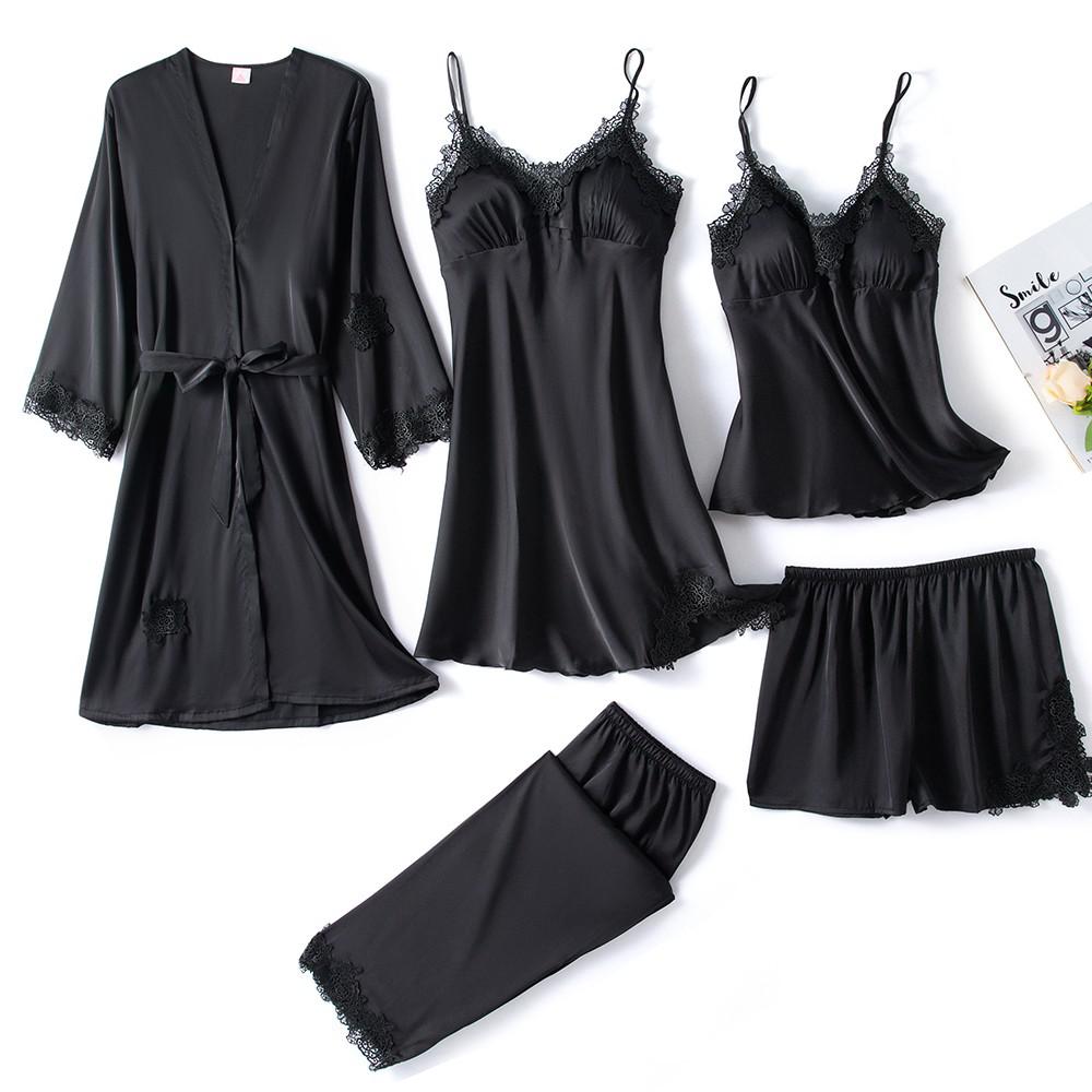 5PC Silk Robe Sleep Suit Womens Lace Satin Pajamas Gown Set V-Neck Cami Nighties Wear Pijama Home Nightwear Spring Nightdress