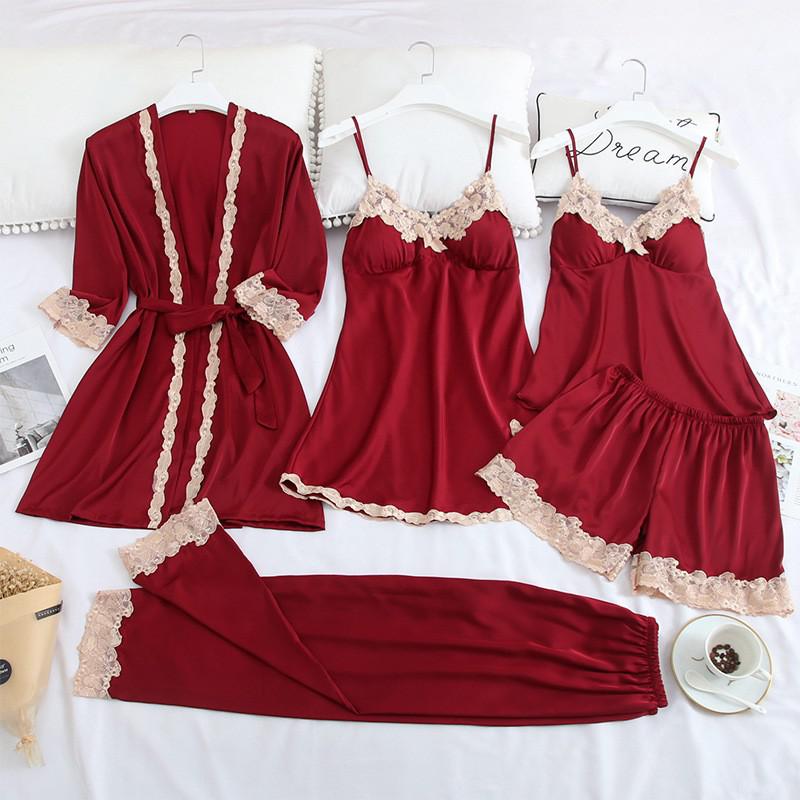 Women Robe Suit Pajamas Nighty&amp;Satin Kimono Bathrobe Gown Nightdress Silky Lace Sleep Set Nightwear Sexy Nightgown