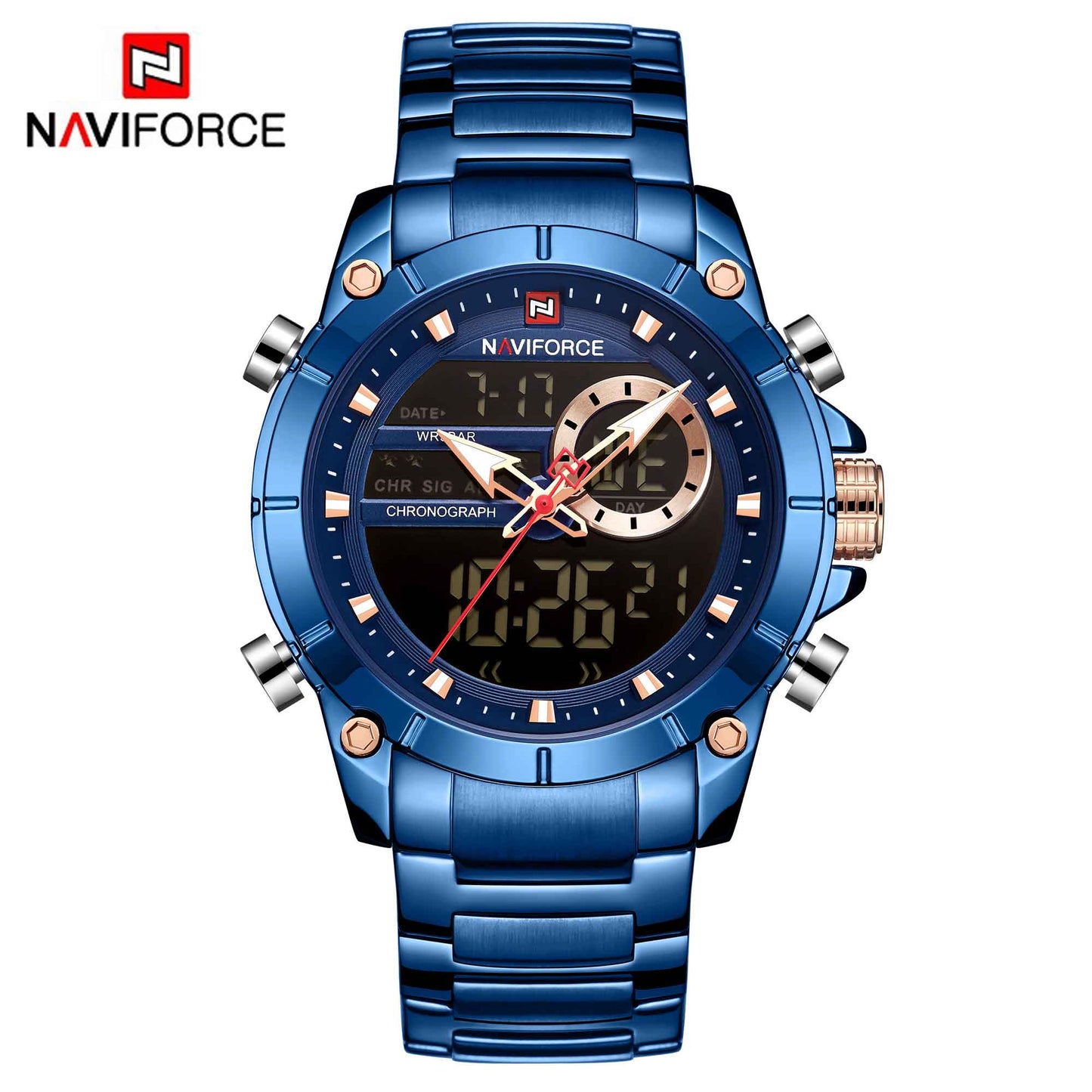 NAVIFORCE Luxury Original Sports Wrist Watch For Men Gold Quartz Steel Waterproof Dual Display Watches Relogio Masculino 9163