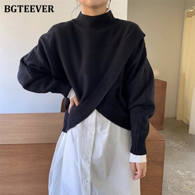 BGTEEVER Fashion Half-turtleneck Women Sweater Jumpers 2020 Autumn Winter Knitwear Cross Split Loose Female Knitted Pullovers