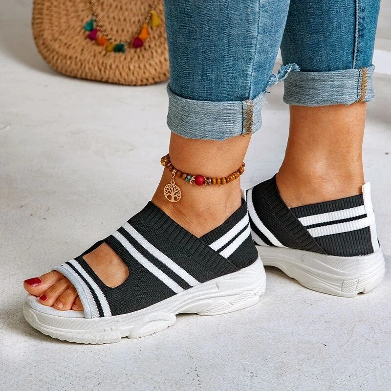 New Women Sandals 2022 High Heels Platform Women Shoes Summer Casual Female Sneakers Knitting Slip On Peep Toe Women Sandals