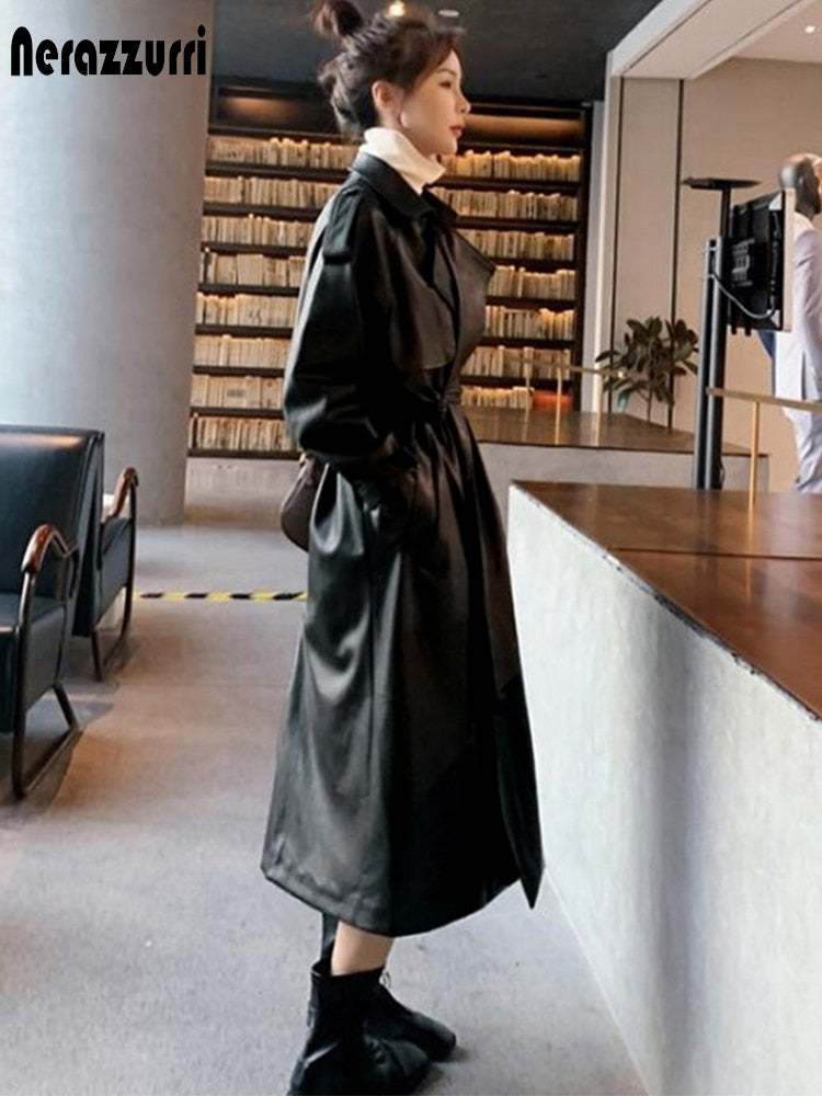 Nerazzurri Spring Black Oversized Long Waterproof Leather Trench Coat for Women 2021 Long Sleeve Loose Korean Fashion Clothing