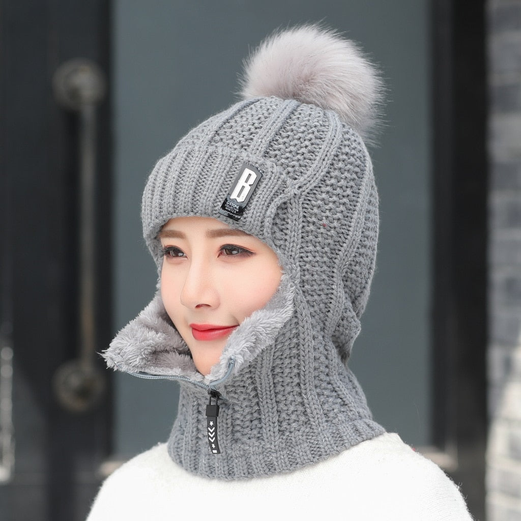 Coral Fleece Winter Women Knitted Hats Add Fur Warm Winter Hats For Women With Zipper Keep Face Warmer Balaclava Pompoms Cap